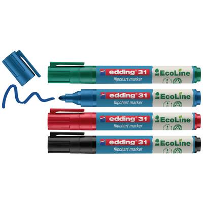 Vier Edding-flipchartmarkers in de kleuren groen, blauw, rood en zwart, naast elkaar liggend. De blauwe stift trekt een lijn.