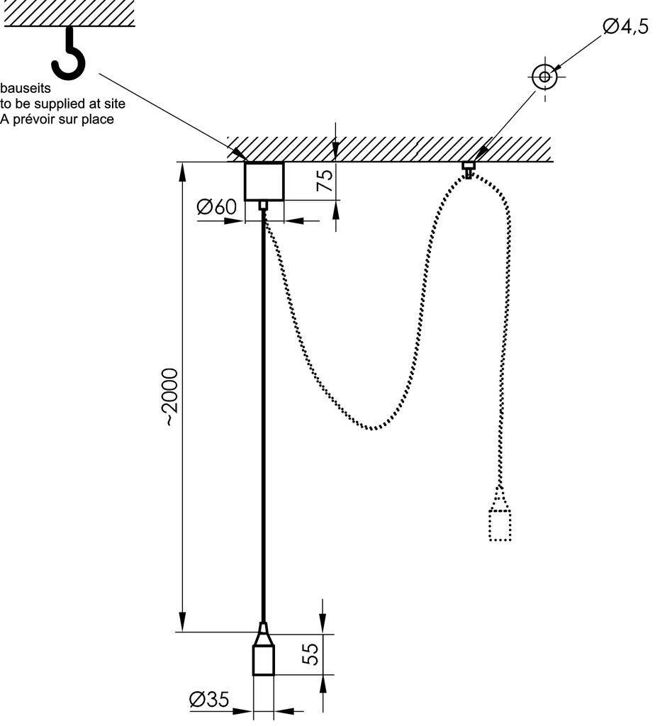 Diagram van een plafondbevestiging met afmetingen. Toont haken, kabel en afstandhouders. Maatgegevens: Diameter 60 mm, lengte 2000 mm.