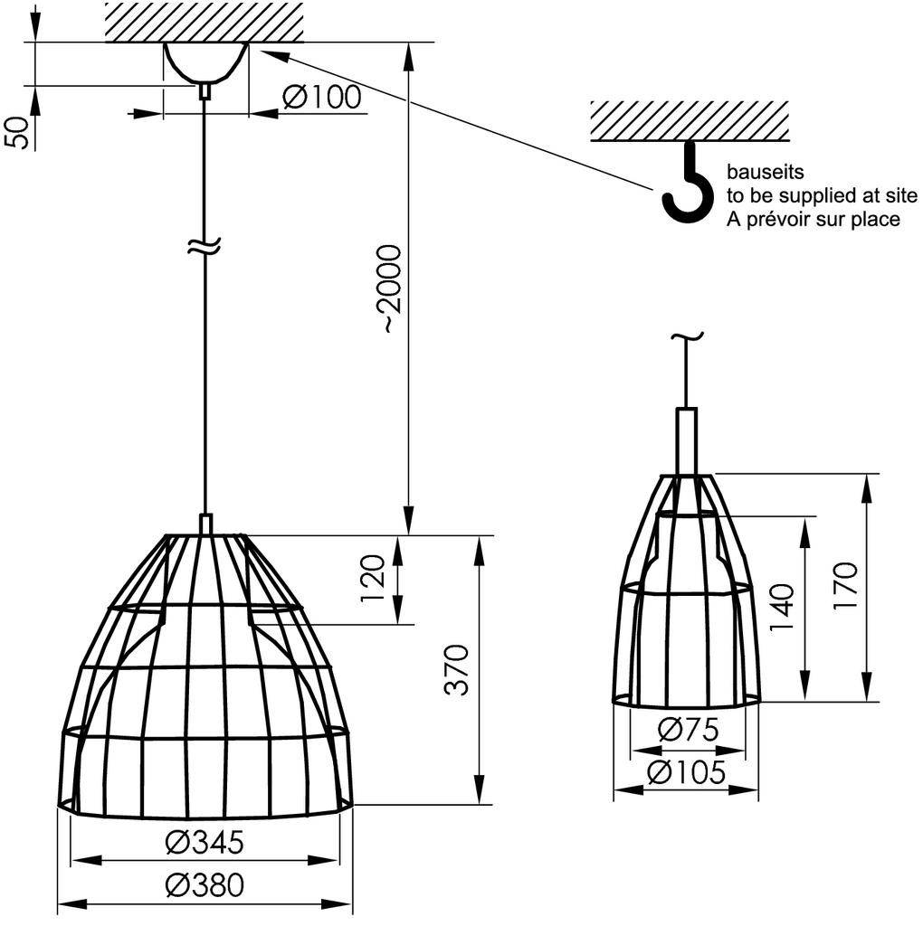 Hanglamp met roosterontwerp in twee maten: grote versie met diameter van 380 mm, kleine versie met diameter van 105 mm. Afmetingen en montagehandleiding.
