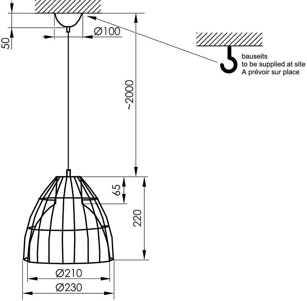 Diagram van een hanglamp met afmetingen: Totale lengte ca. 2000 mm, lampenkap diameter 210 mm, totale diameter 230 mm, hoogte 220 mm.