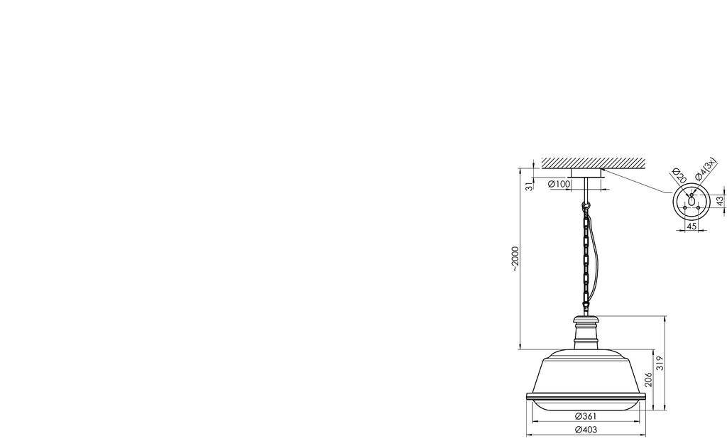 Technische tekening van een hanglamp met afmetingen: diameter 450 mm, hoogte 200 mm. Details voor plafondbevestiging en bekabeling.