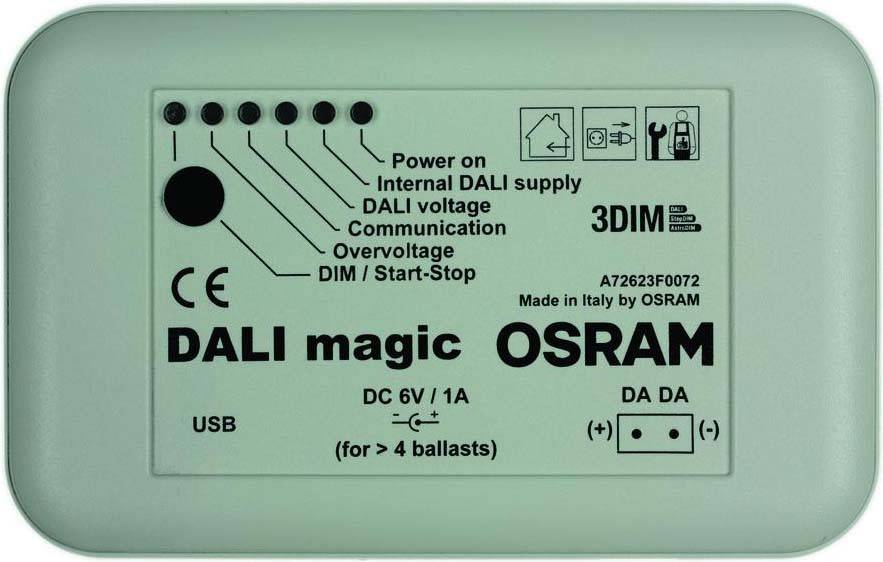 Elektronisch apparaat met het opschrift 'DALI magic OSRAM'. Bevat symbolen voor stroomvoorziening, communicatie en oplaadaansluitingen.