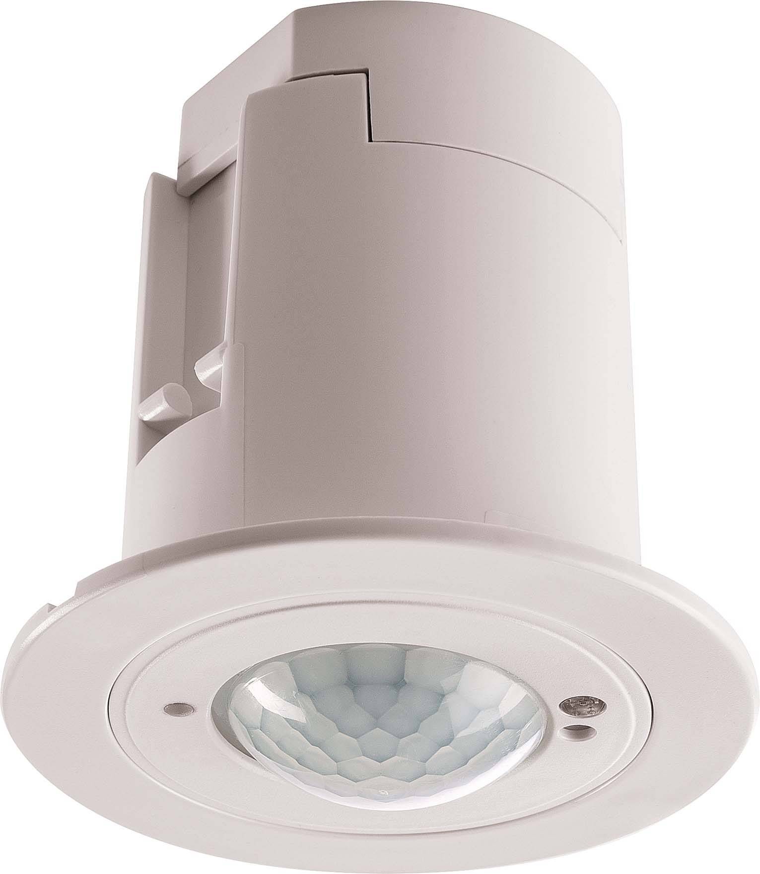Een witte plafond bewegingsmelder met ronde sensor, voor het detecteren van bewegingen in ruimtes, ten behoeve van automatische verlichting.