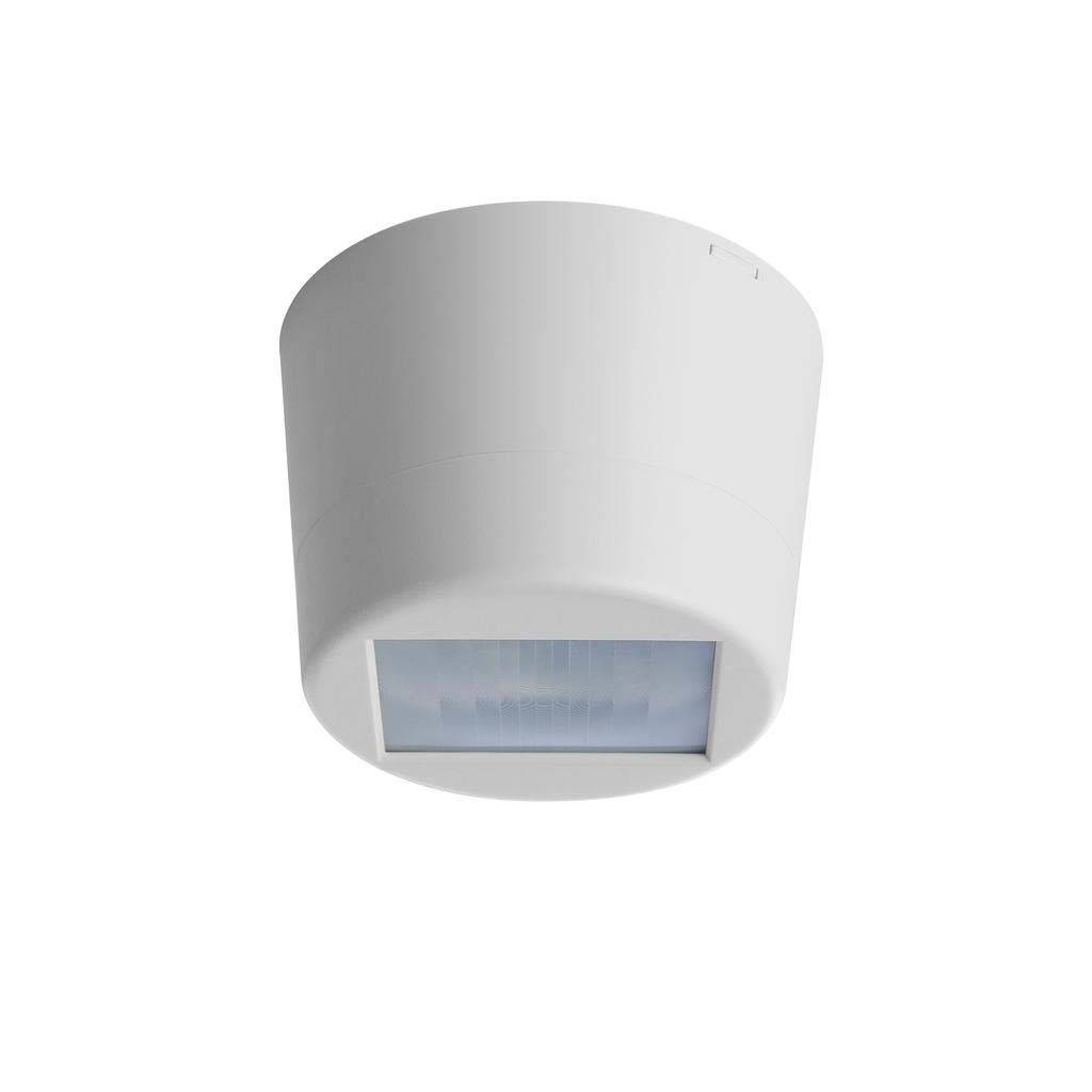 Een witte plafond bewegingsmelder met rechthoekig sensorveld, zichtbaar vanaf beneden, voor het detecteren van bewegingen in binnenruimtes.