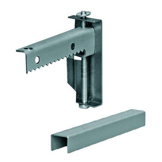 Metalen handgreep met getande beugel en afdekking, mogelijk geschikt voor meubelassemblage of doe-het-zelfprojecten.