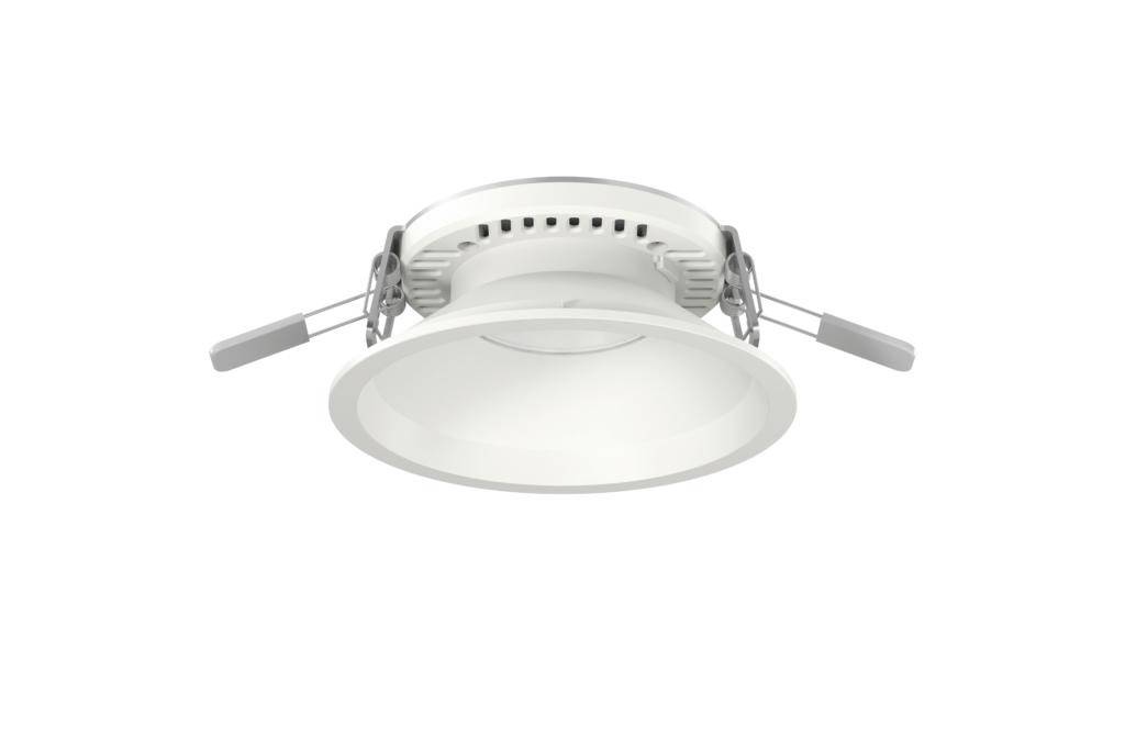 Witte inbouwspot met cilindrische vorm en twee zijdelingse bevestigingsbeugels. Geschikt voor plafondmontage in moderne ruimtes.
