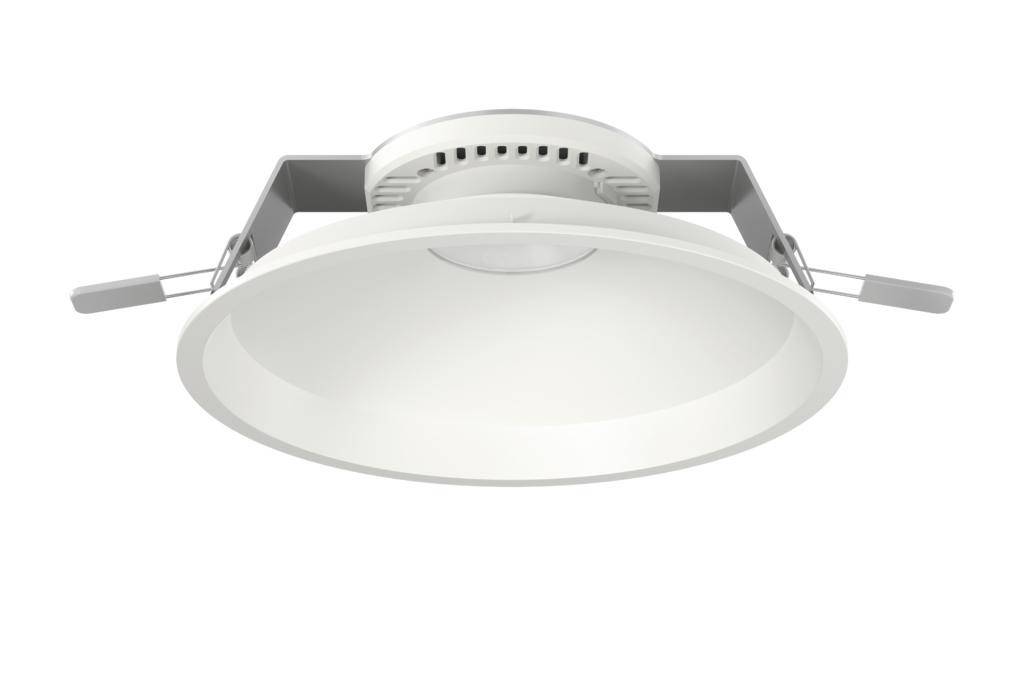 Rond, wit inbouwarmatuur met twee zijdelingse bevestigingsarmen, geschikt voor plafondmontage.
