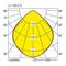 Polair diagram toont de lichtverspreiding van een armatuur in gele kleuropvulling, geschaald van 0° tot 90° in verschillende hoeken, waarden: 150, 300, 450 cd/klm.
