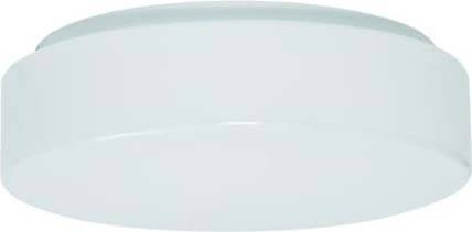 Een eenvoudige, ronde, witte plafondlamp zonder zichtbare details of versieringen.