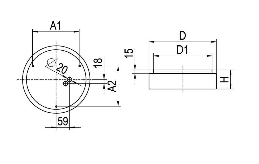Technische tekening van een ovaal object met zijaanzicht. Afmetingen: A1, A2, D, D1, H en 20 mm boring. Relevant voor constructietekeningen.