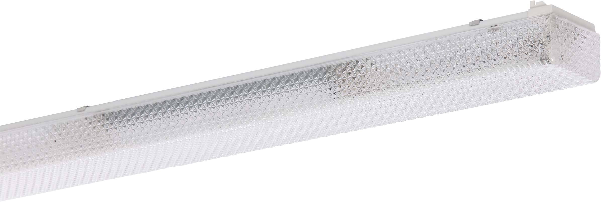 Een lange, rechthoekige tl-lamp met geprofileerde afdekking voor gelijkmatige lichtverspreiding. Ideaal voor industriële toepassingen.