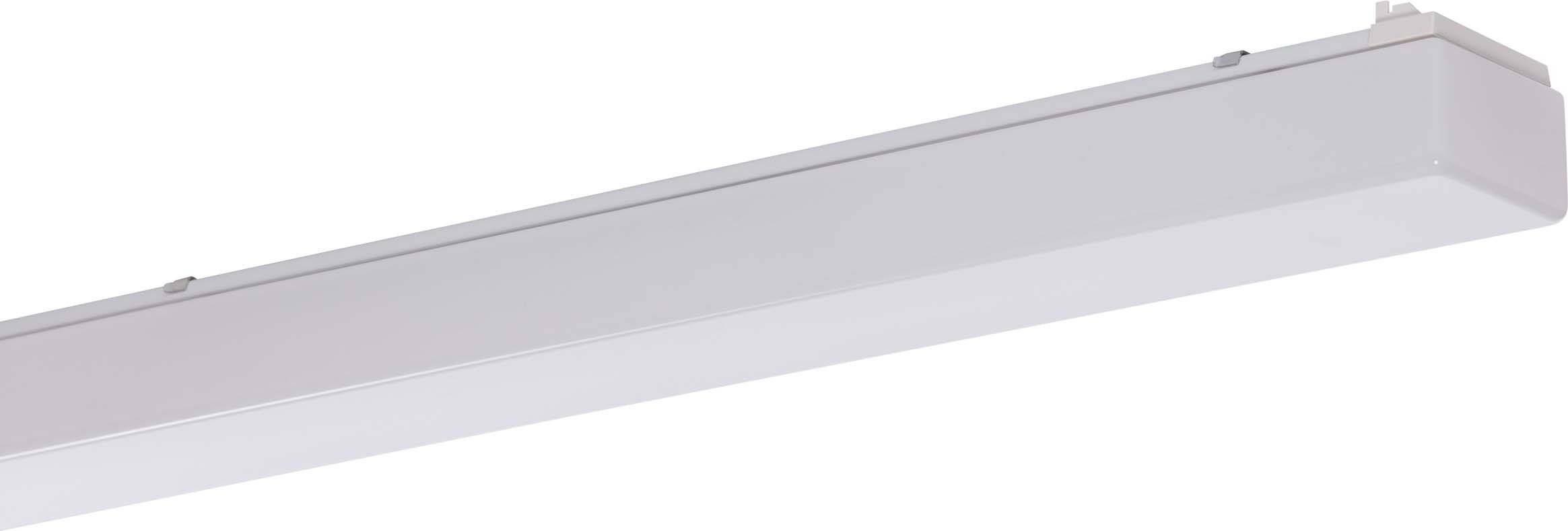 Een eenvoudige LED-plafondlamp met een rechthoekige behuizing van metaal. Het is functioneel ontworpen en bedoeld voor ruimteverlichting.