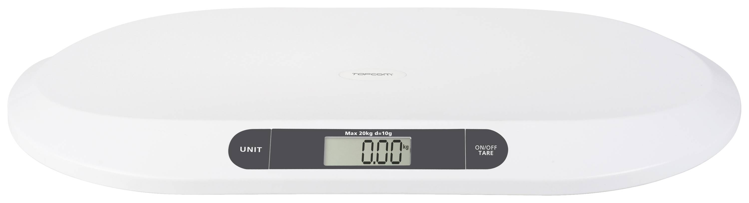 Een digitale babyschaaltje toont '0,00' op het display. De weegschaal is wit met een centraal scherm.