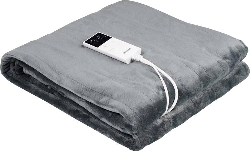 Een donkergrijze verwarmingsdeken met een wit bedieningspaneel, dat dient voor het regelen van de temperatuur, is gevouwen op een tafel gelegd.