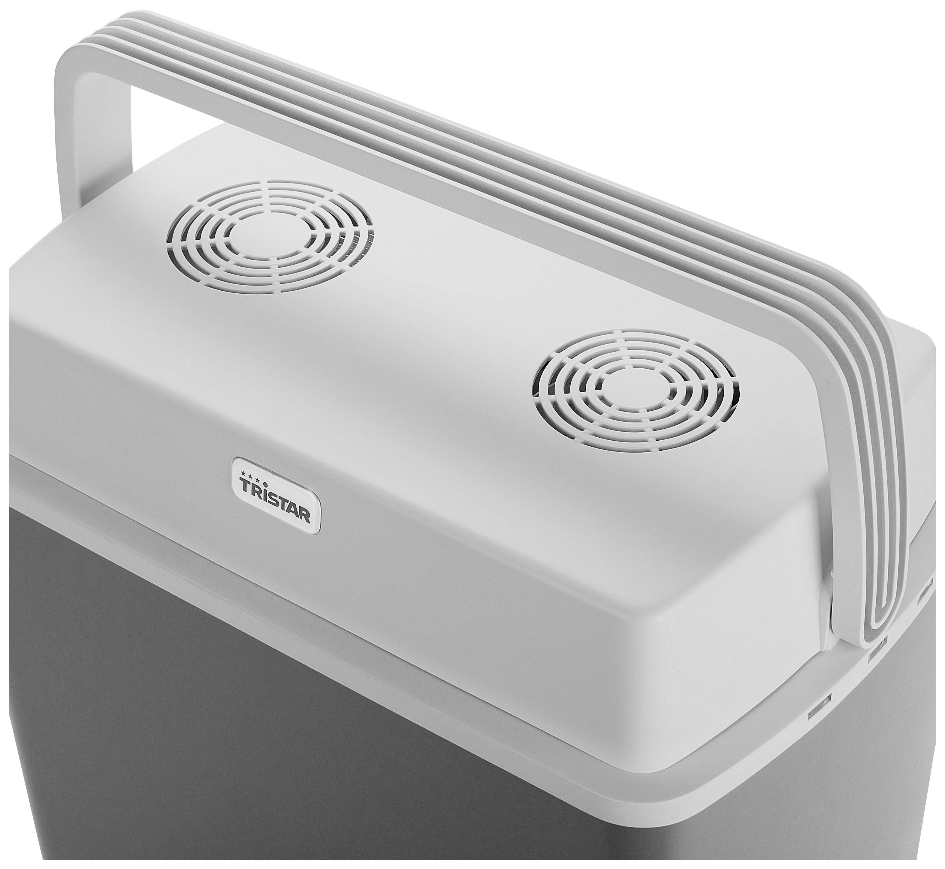 Een grijze koelbox van Tristar met een draaggreep en twee ventilatoren op het deksel.