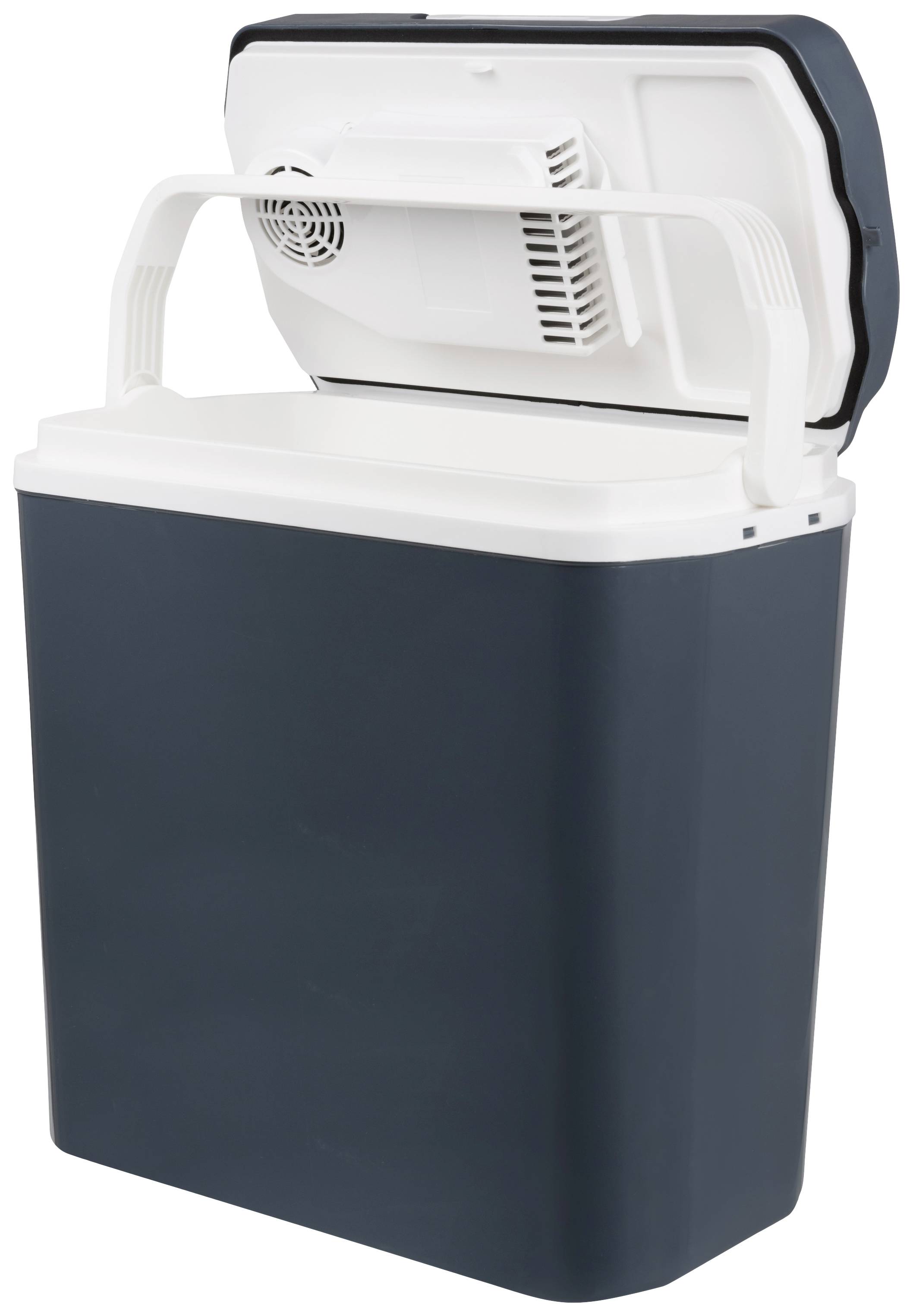 Een geopende, donkerblauwe koelbox met een witte deksel, geschikt voor het bewaren van voedsel en dranken, draagbaar met handvat.