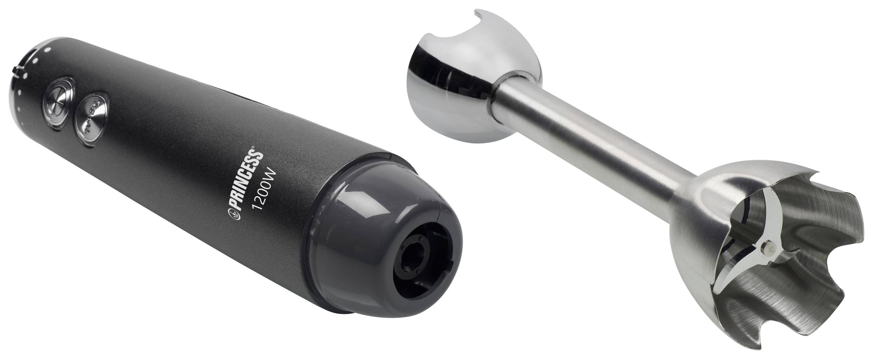 Een zwarte staafmixer met zilveren roestvrijstalen opzetstuk, geschikt voor het mixen en pureren.