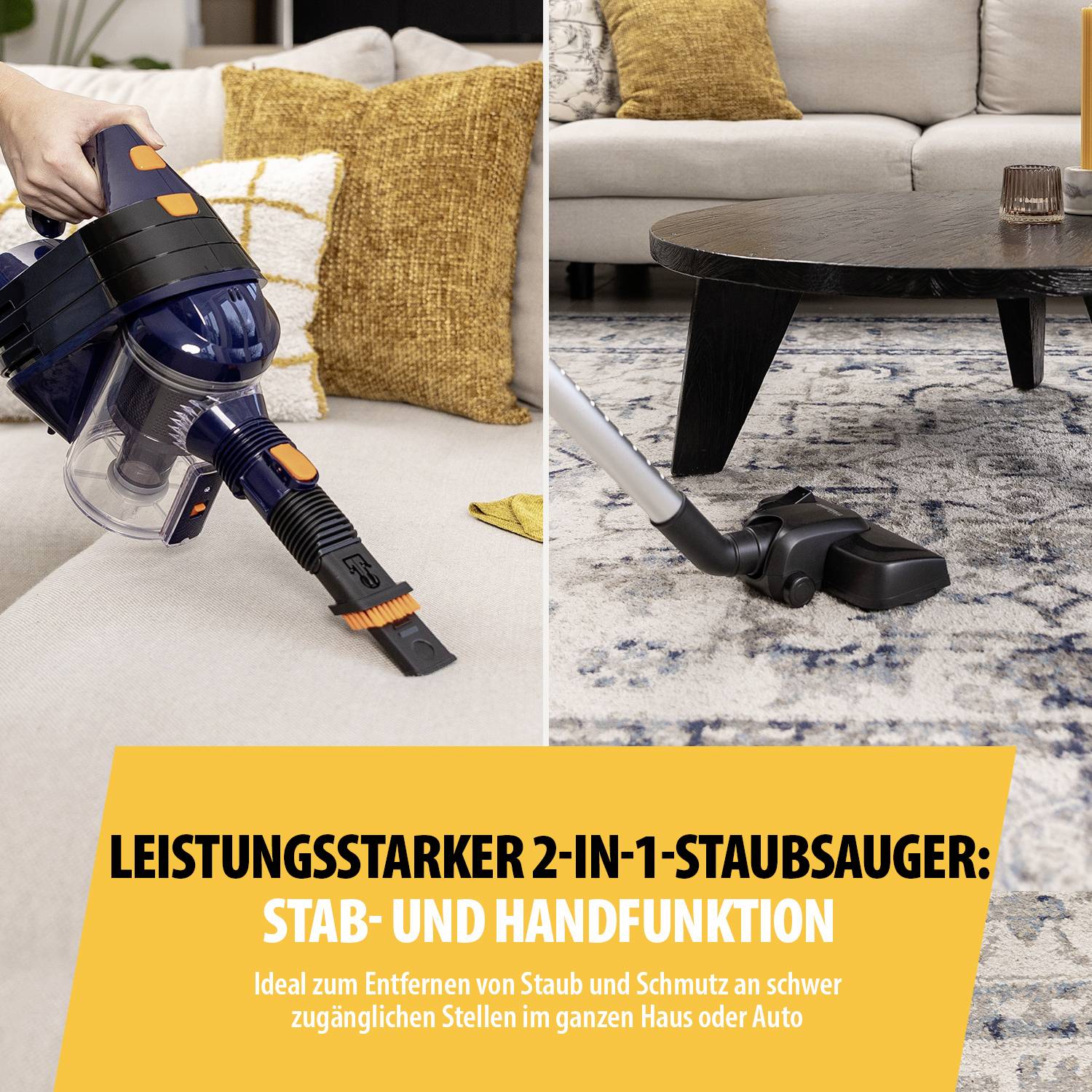 Persoon zuigt stof in de woonkamer met een draadloze stofzuiger; houten tafel en bank op de achtergrond. Tekst prijst de functionaliteit van de stofzuiger.