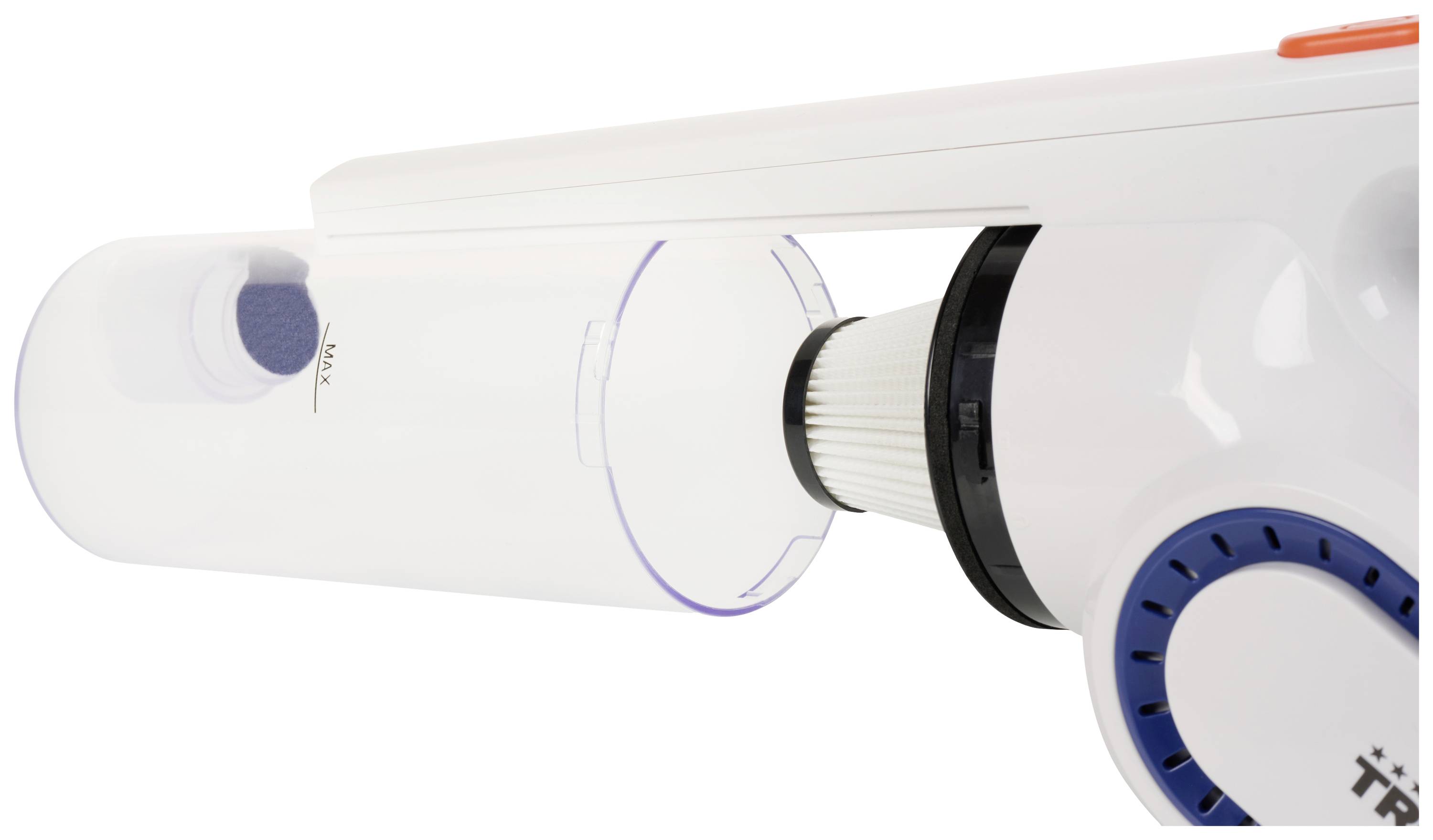 Een witte stofzuiger met een transparante stofbak en blauwe accenten, toont een modern, slanke vormgeving.