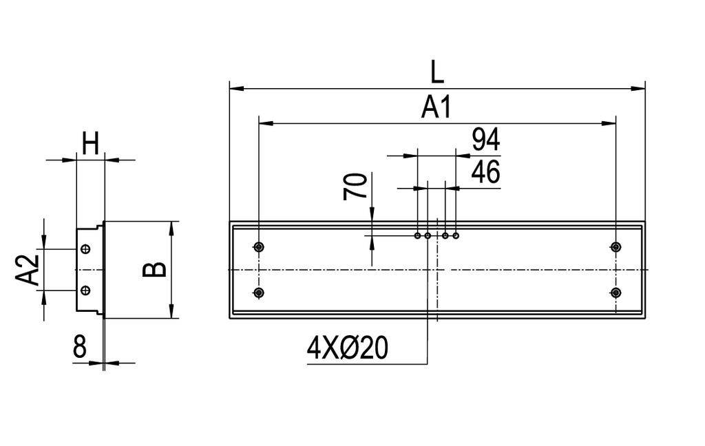 Technische tekening van een onderdeel met annotaties: L, A1, H, B, A2, 70, 94, 46, 8, en 4XØ20, toont boringen en afmetingen.
