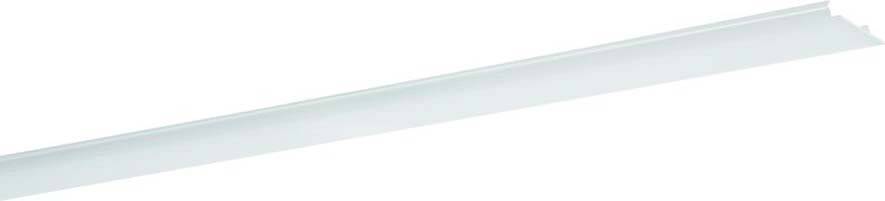 Witte kunststof rail, mogelijk voor gordijnen, tegen een witte achtergrond.