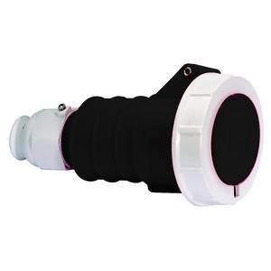 Een zwarte, cilindrische adapter met een wit uiteinde, mogelijk een elektrische connector, op een witte achtergrond.