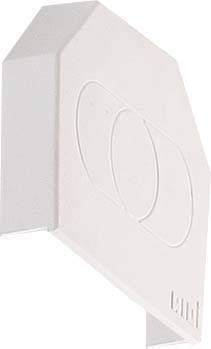 Een witte, moderne wandhaak met een geometrisch design en twee ovale afbeeldingen, gemonteerd op een witte ondergrond.