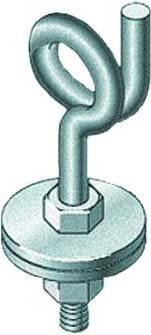 Een metalen haak met schroefdraad en een ronde kop, gemonteerd op een ronde plaat. Wordt gebruikt voor het ophangen van hijsgereedschap.