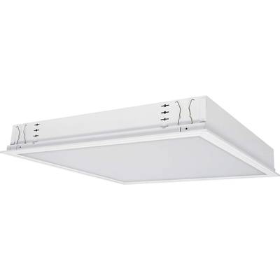 Een rechthoekig, wit LED-paneel voor plafondmontage. Het heeft gladde randen en is ontworpen voor een vlakke installatie.
