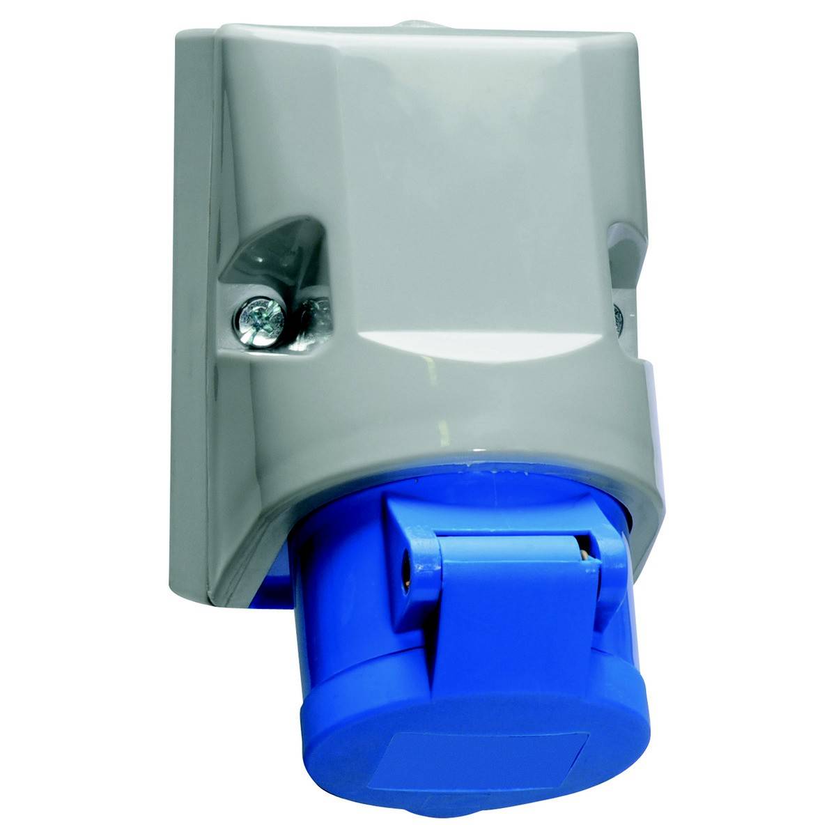 'Blauwe, weersbestendige stopcontact met grijze beschermkap, gemonteerd aan een muur. Geschikt voor buitengebruik.'