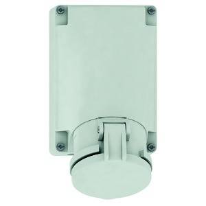 Een grijze elektrische behuizing met een ronde klep onderaan, gemonteerd aan een muur.