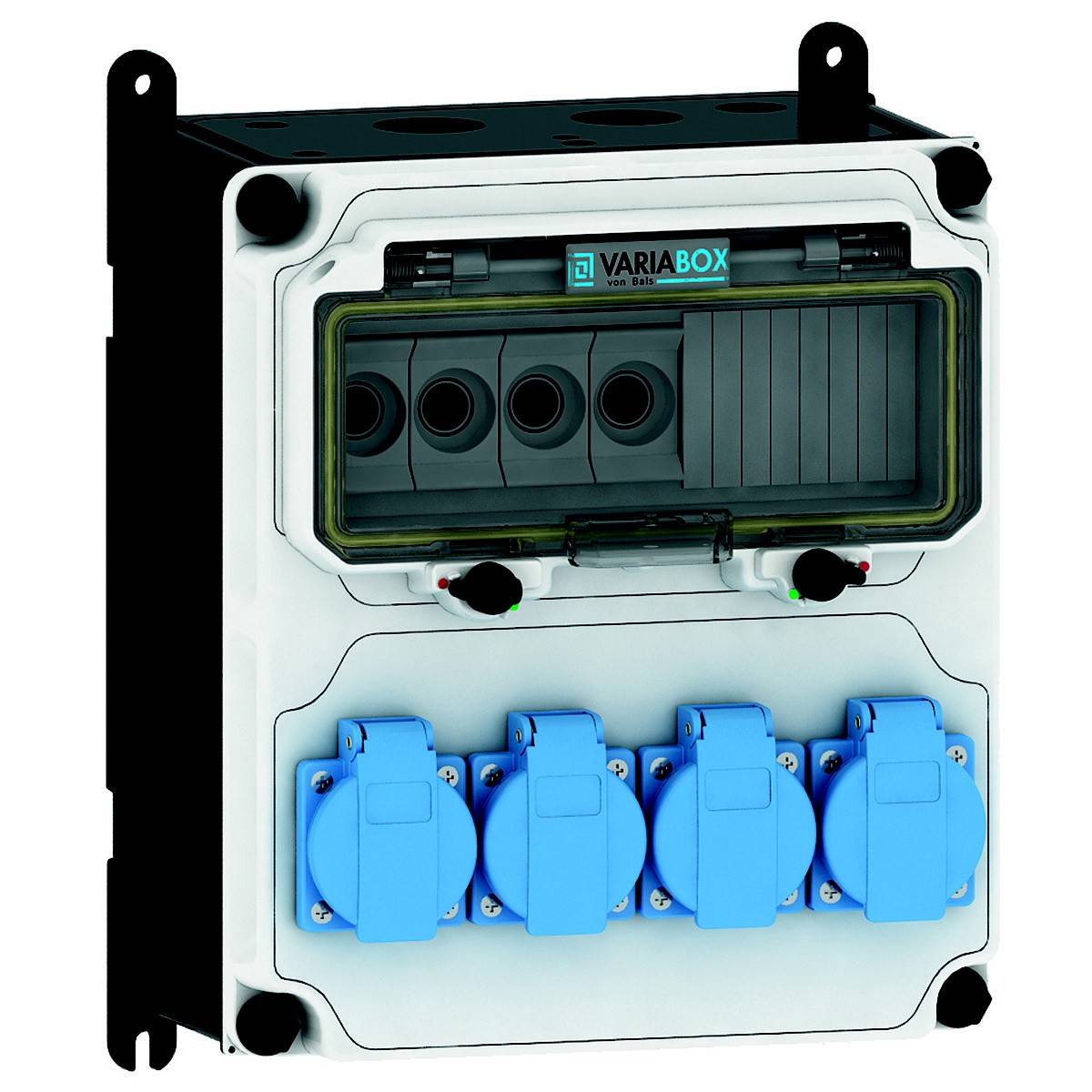 Elektrische verdeeldoos met vier blauwe stopcontacten en een transparant beschermklepje. Opschrift 'VARIABOX' zichtbaar.