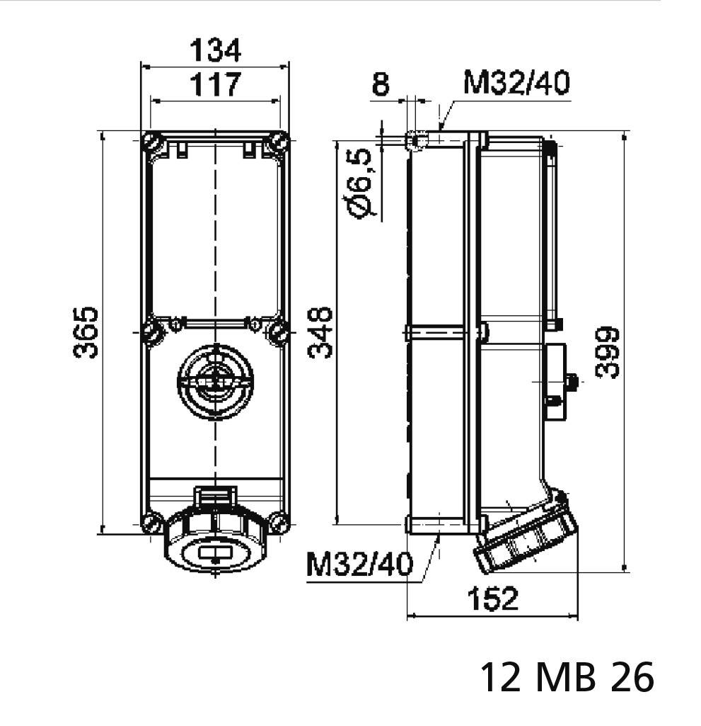 Technische tekening van een rechthoekige behuizing met afmetingen: 134x365 mm aan de voorzijde, 152x399 mm aan de zijkant, met M32/40 schroefdraad.