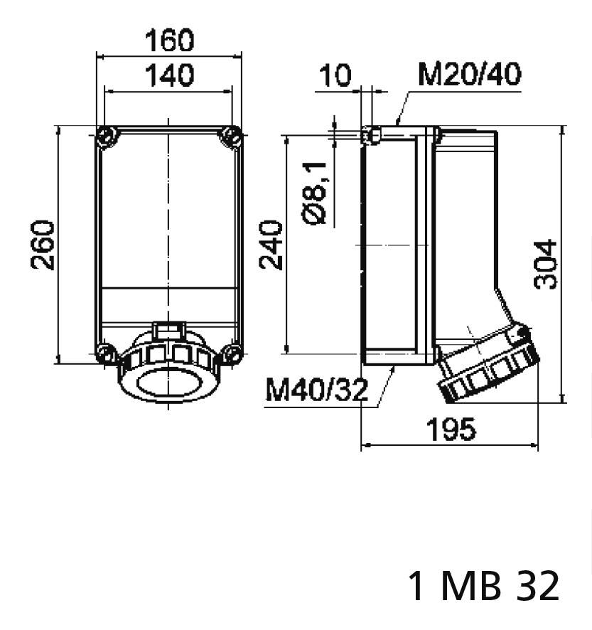 Technische tekening van een behuizing met afmetingen: hoogte 260 mm, breedte 160 mm, diepte 195 mm. Zijdelingse aansluitingen M20/40 en M40/32.