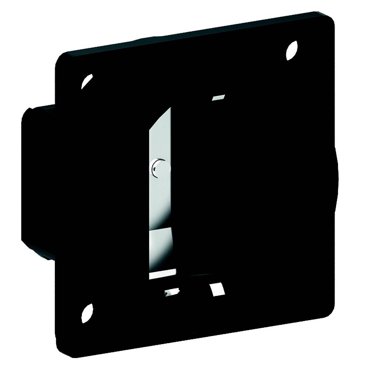 Zwarte rechthoekige wandplaat met een vierkante uitsparing in het midden, gebruikt voor de installatie van elektrische stopcontacten.