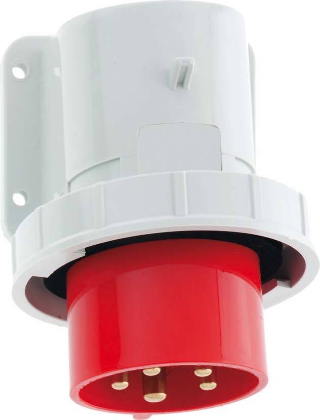 Een industriële rode stopcontact met drie ronde openingen en twee platte contacten, geschikt voor hoogvermogen stroomaansluitingen.