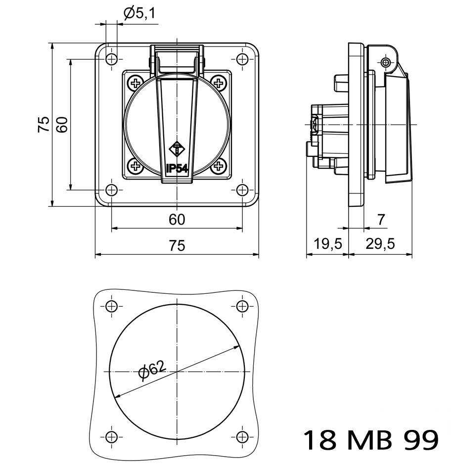 Technische tekening van een rechthoekig aansluitbehuizing met een ronde aansluiting en afmetingen. Gemarkeerd met '18 MB 99'.
