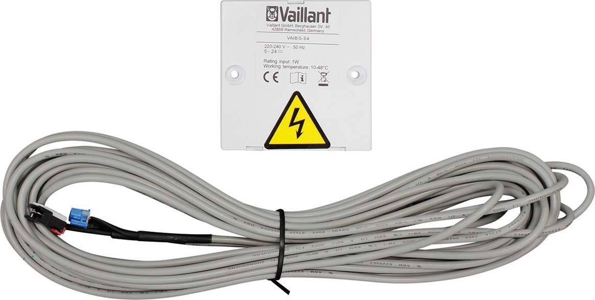 Een Vaillant sensorkits met een wit behuizing en lange grijze kabels, gebruikt voor detectie en besturing in verwarmingssystemen.