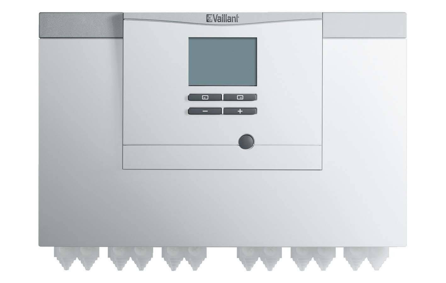 Een wit verwarmingsapparaat met een digitaal display en bedieningselementen, ontworpen voor wandmontage.