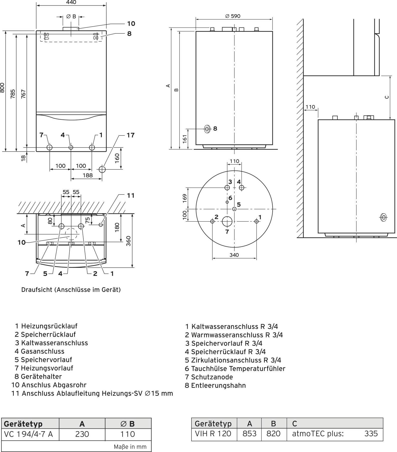 Technische tekening van een verwarmingsketel met aansluitingen en afmetingen. Toont verschillende aanzichten van het apparaat en specifieke aansluitingsdetails.