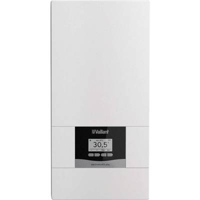 Een witte doorstroomboiler met een digitaal display dat '30,5' aangeeft. Merk Vaillant, model electronicVED plus.