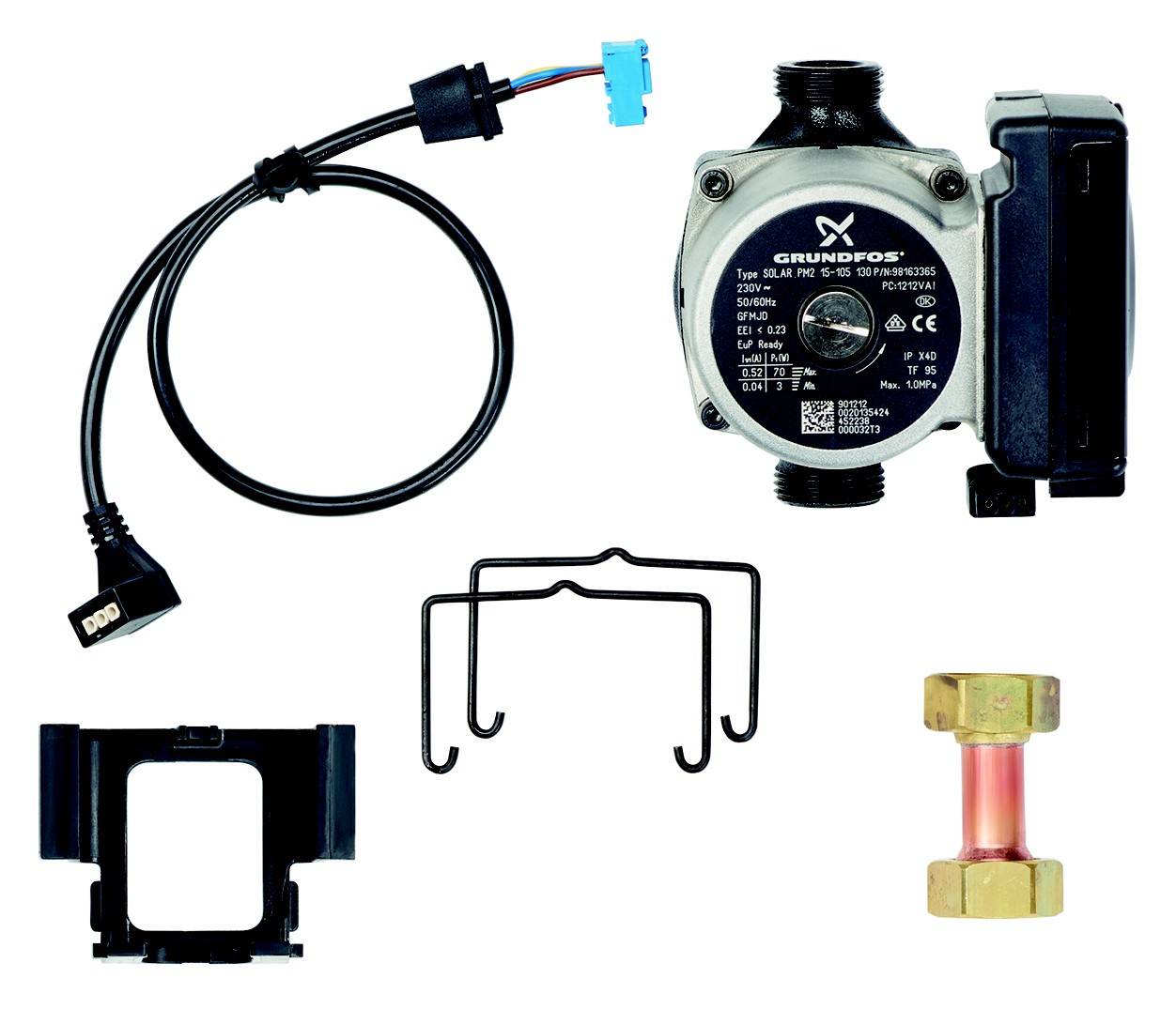 Grundfos-pompset bestaande uit een pomp, een kabel, een bevestigingsclip, een buissectie en een montagebeugel.