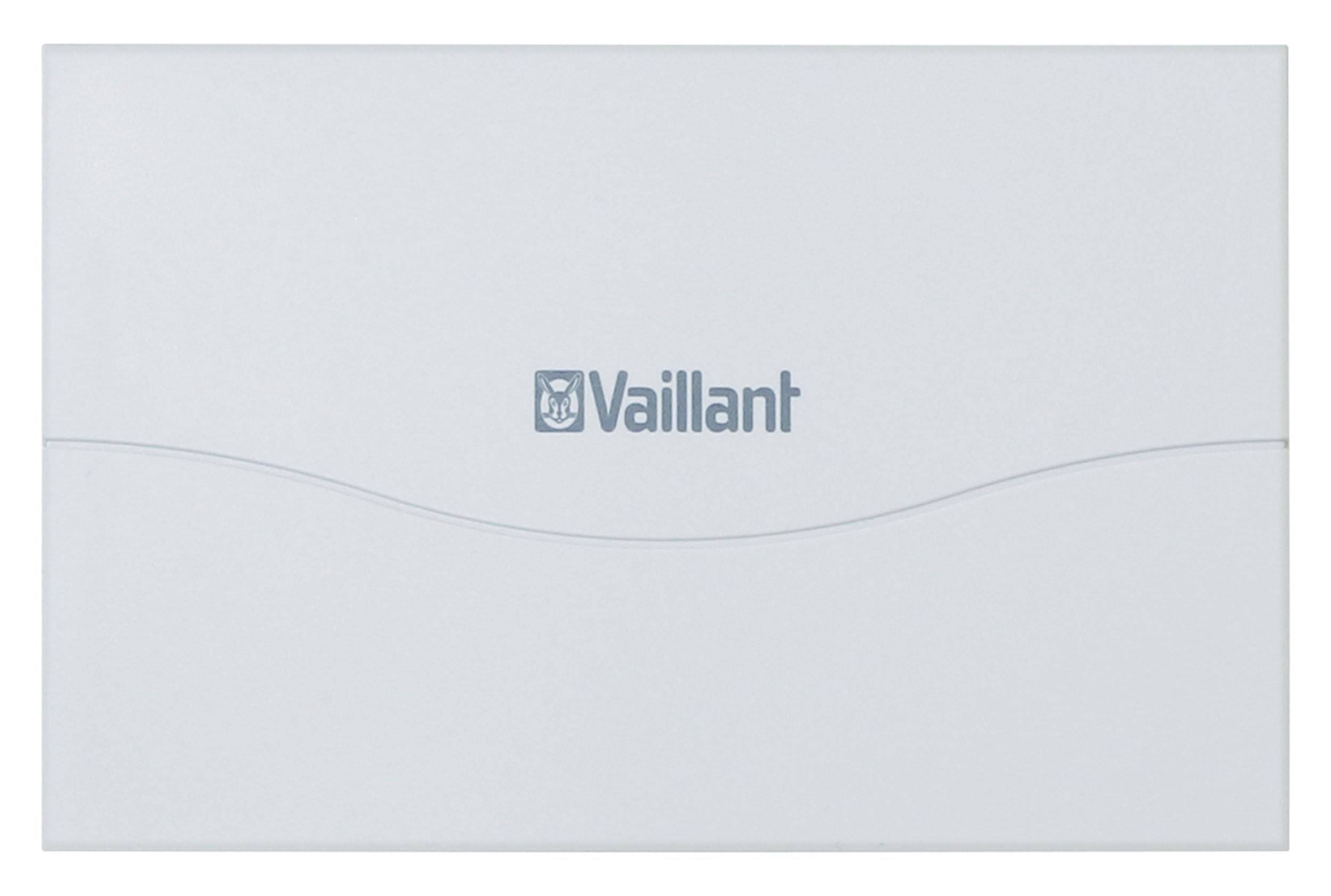 Een witte thermostaat met het logo en de naam 'Vaillant' op de voorkant.