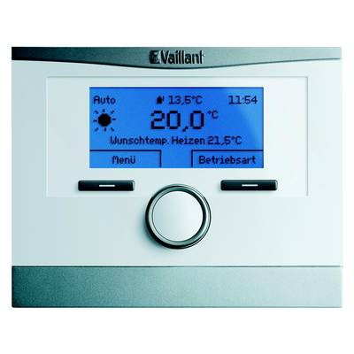 Een thermostaat toont 20°C met een ingestelde gewenste temperatuur van 21,5°C. Links bovenaan staat een zonnesymbool. Merknaam bovenaan.