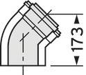 Technische tekening van een pijpbocht met een hoek van 90 graden en een hoogte van 173 mm, toont verbindingsdetails.