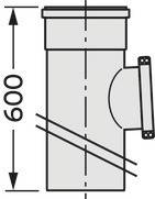 Diagram van een cilindrische buis met T-stuk verbinding, hoogte 600 mm, toont verbindingen en aftakkingen.