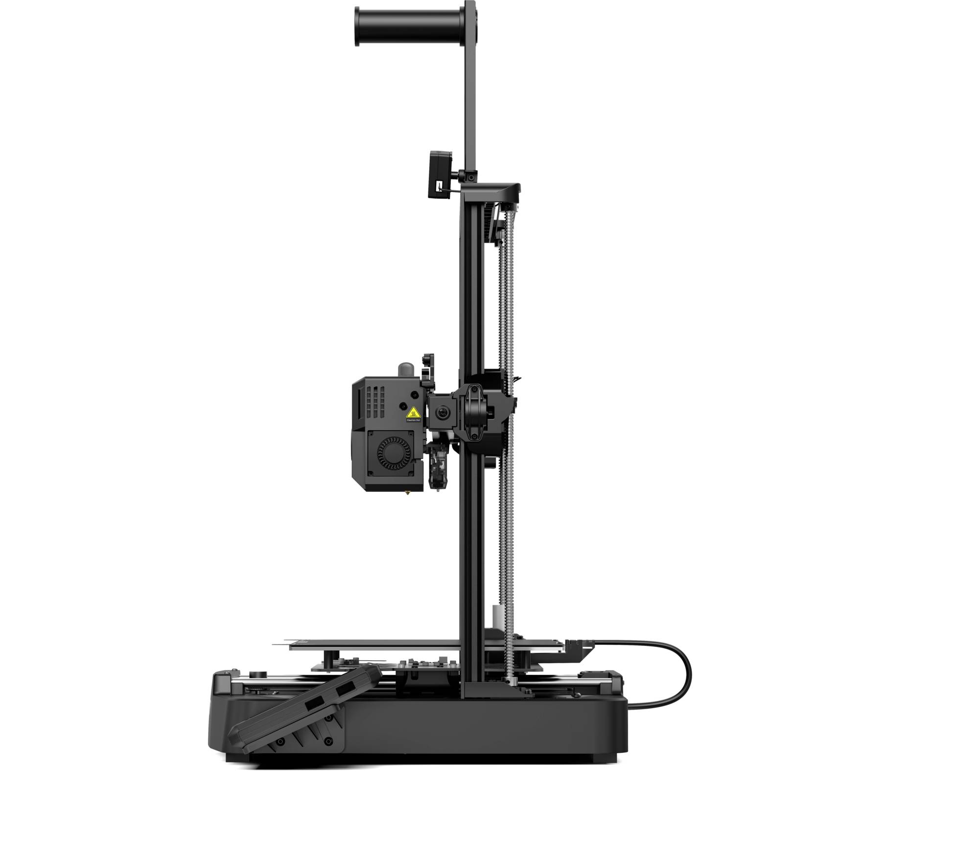 3D-printer van opzij, met open frame en zichtbare printkop. Apparaat op een vlakke ondergrond met kabelaansluiting.