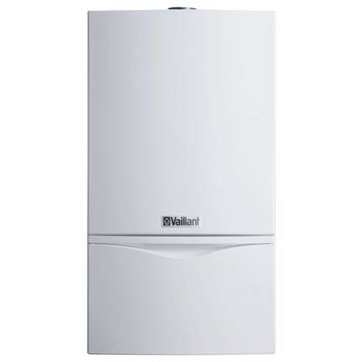 Een witte Vaillant-keteleenheid aan de muur gemonteerd, met een minimalistisch ontwerp en het merklogo zichtbaar in het midden.