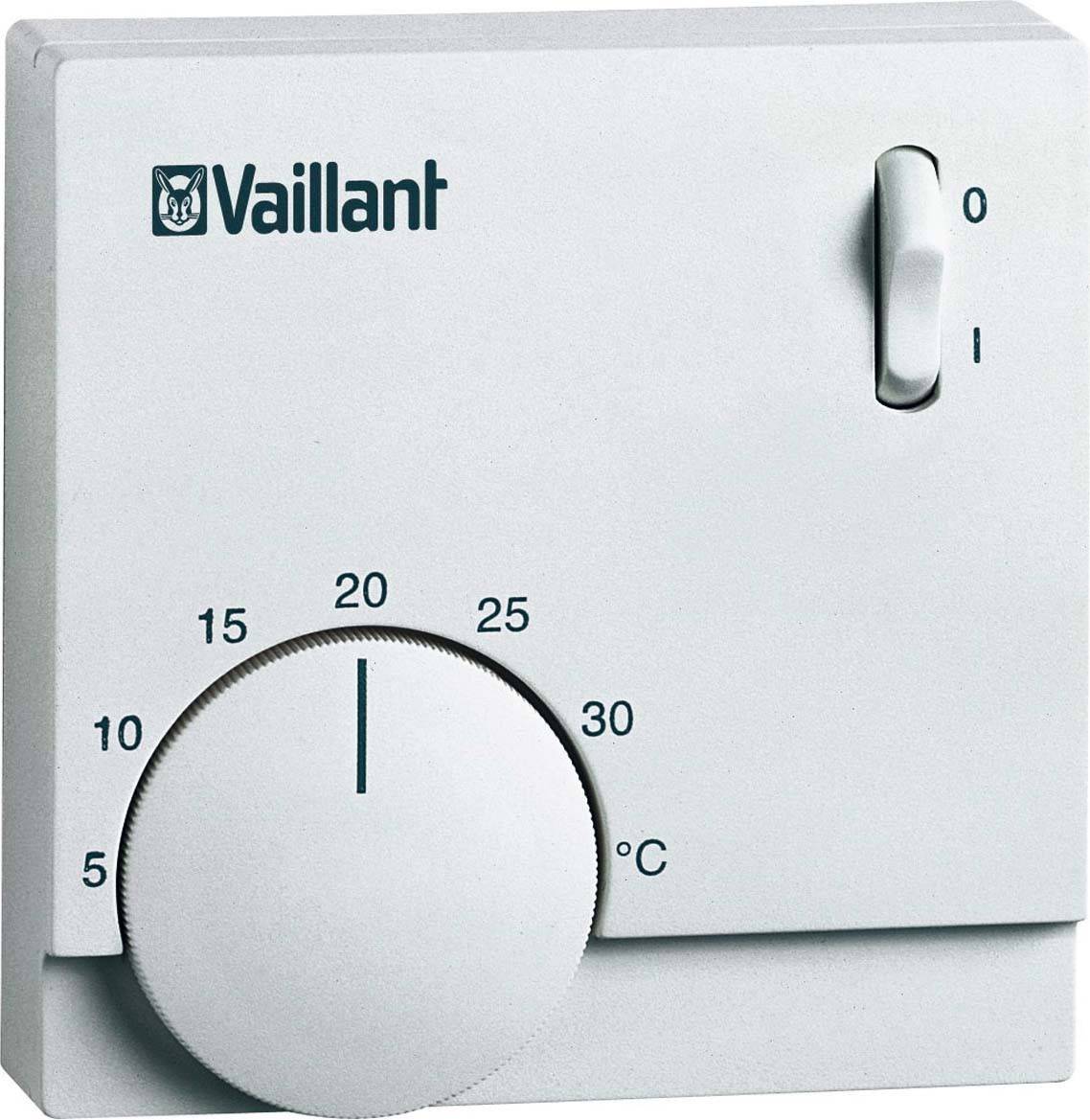 Verwarmingsregelaar met instelknop, toont temperaturen van 5 tot 30 graden Celsius en schakelaar voor Aan/Uit. Logo 'Vaillant'.