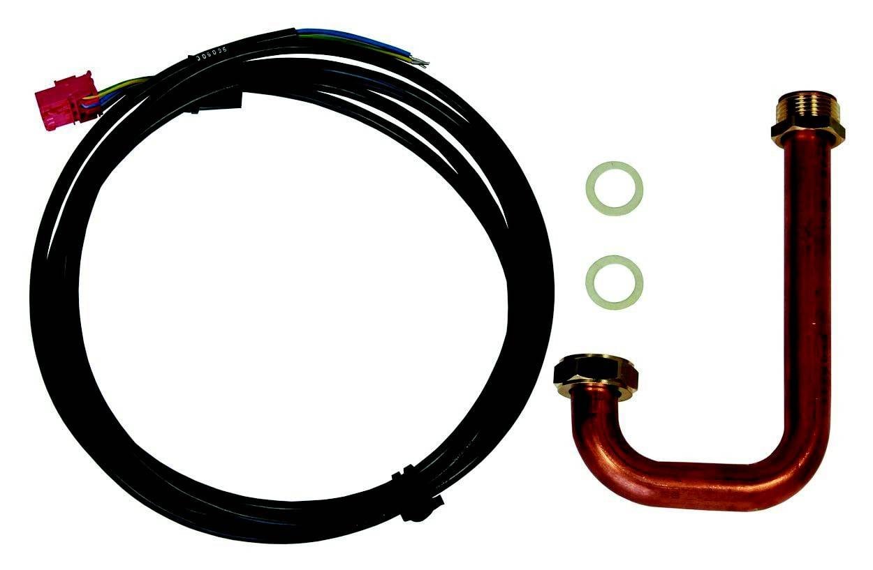 Kabel en koperen buis in U-vorm met twee afdichtingen. Elektrotechnische toebehoren voor technische toepassingen.